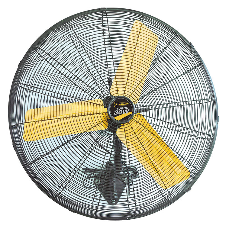 Ventilador industrial de pared Garland Turbo 30W con rejilla negra y tres aspas amarillas de alta visibilidad