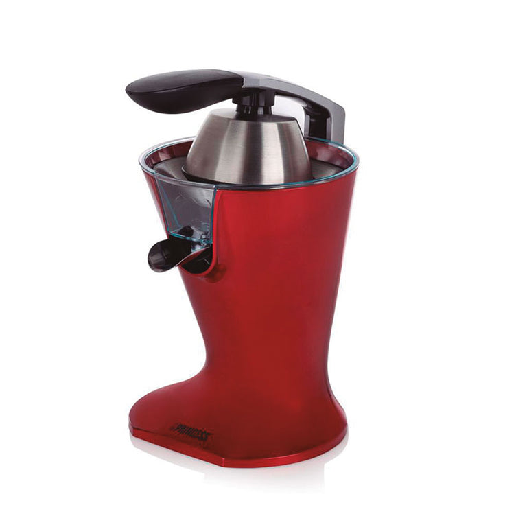 Exprimidor Princess 300W rojo con brazo de palanca y filtro de acero inoxidable.