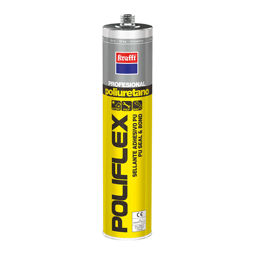 Masilla de poliuretano KRAFFT Poliflex color gris resistente a rayos UV y vibraciones en exteriores.