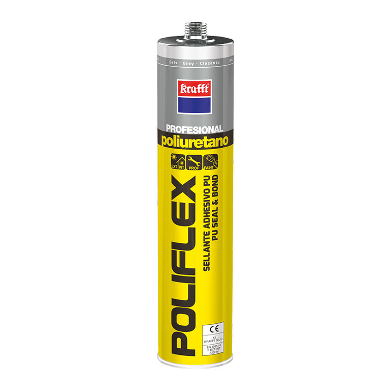 Masilla de poliuretano KRAFFT Poliflex color gris resistente a rayos UV y vibraciones en exteriores.
