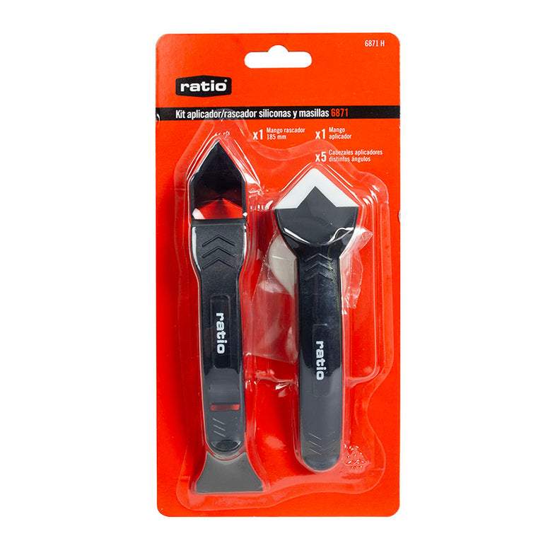 Blíster del kit aplicador y eliminador de silicona RATIO 6871 con rascador de 185mm y 5 cabezales de goma.