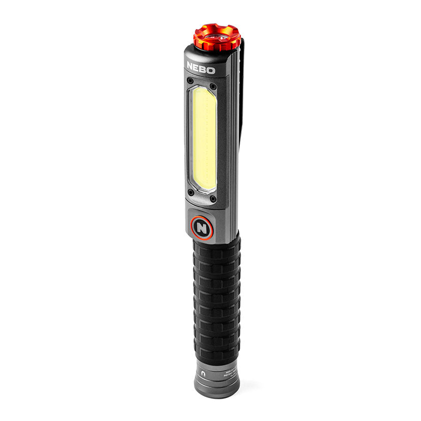 Linterna de trabajo NEBO Big Larry PRO+ gris con luz LED COB frontal, base magnética y clip de bolsillo