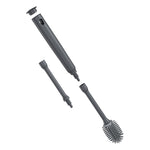 Componentes desmontables del cepillo limpiabotellas Metaltex mostrando sistema de rosca ajustable.