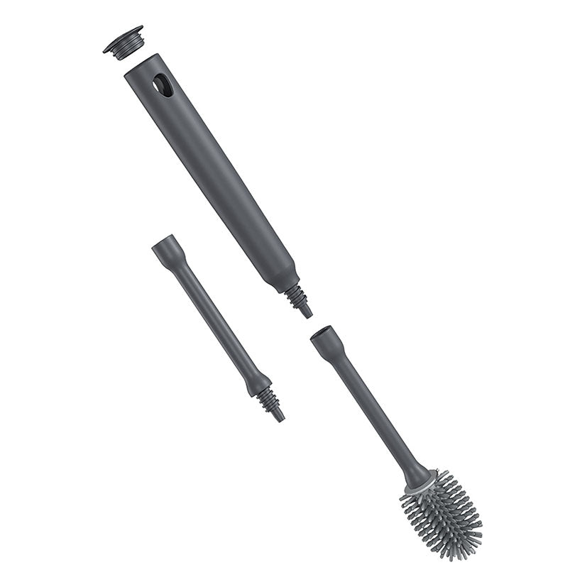 Componentes desmontables del cepillo limpiabotellas Metaltex mostrando sistema de rosca ajustable.