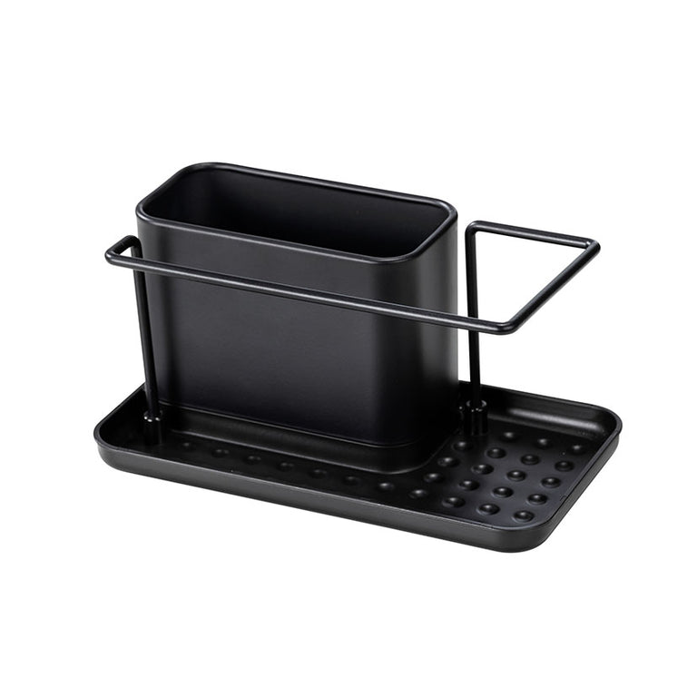 Organizador de fregadero WENKO Orio negro con soporte para bayeta y bandeja de drenaje.