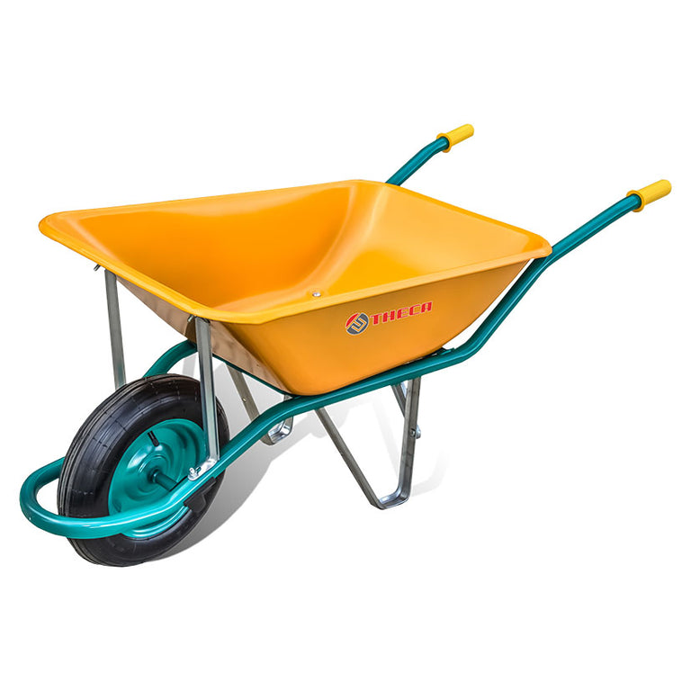 Carretilla THECA C1/550 amarilla con rueda neumática y bandeja de acero para construcción y jardinería.