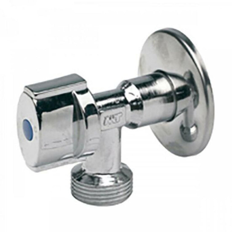 Detalle de llave de escuadra cromada con mando ergonómico y marca MT grabada