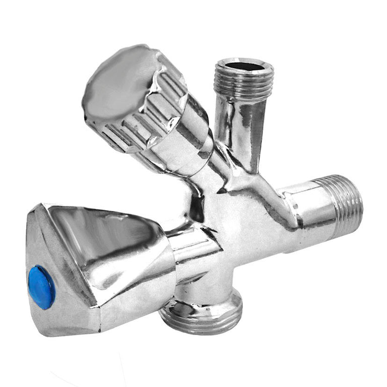 Válvula mixta MT de latón niquelado con doble mando para conexión de lavadora y lavabo 1/2 x 3/4 x 3/8