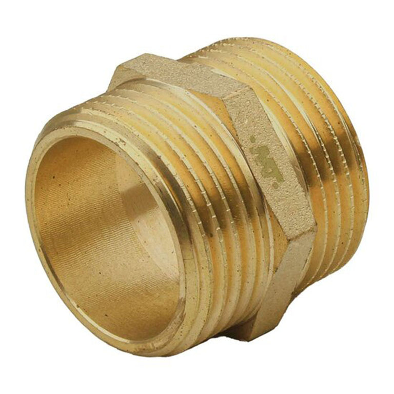 Machón hexagonal de latón MT Serie 87 con doble rosca macho para conexiones de fontanería