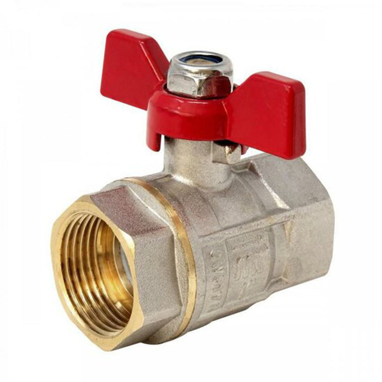 Válvula de bola MT PN-30 rosca hembra-hembra con palomilla roja para control de agua y sistema antihielo.