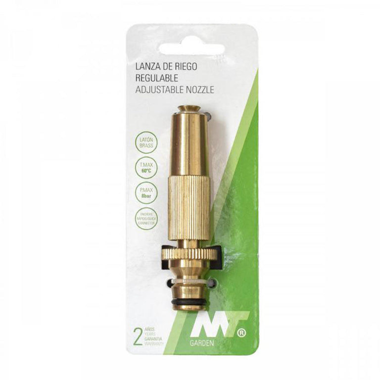 Embalaje de lanza de riego MT Garden indicando material de latón, presión de 8 bar y 2 años de garantía.