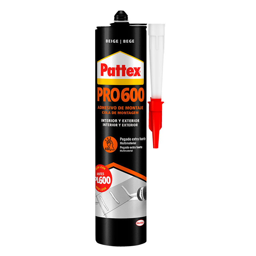 Cartucho de adhesivo de montaje Pattex PRO600 de 300ml color beige para interior y exterior.