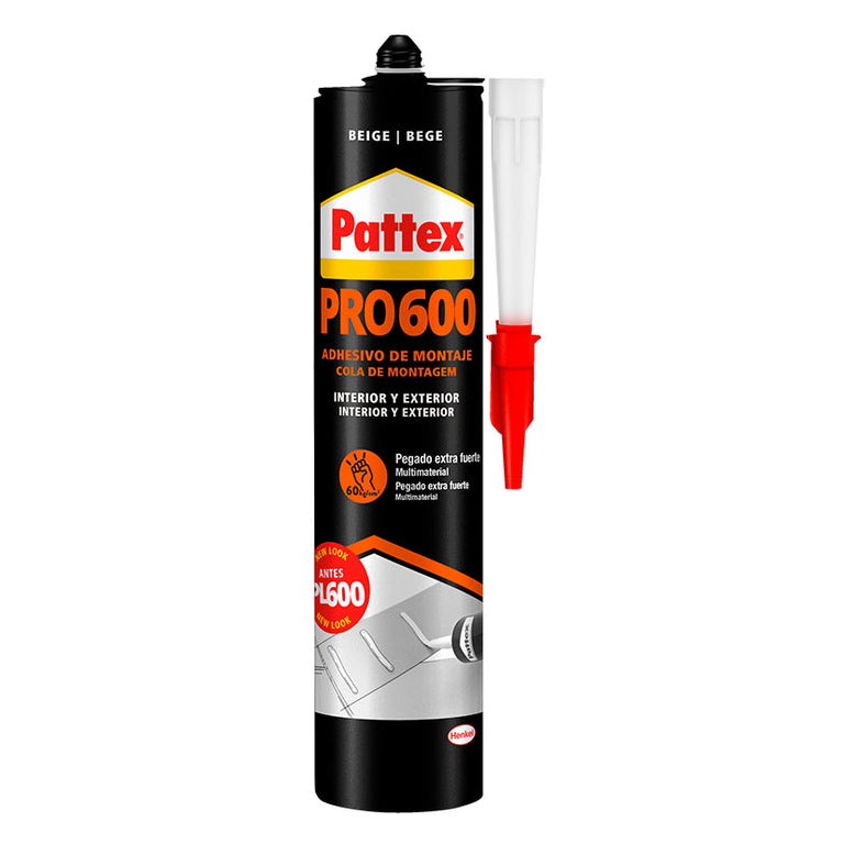 Cartucho de adhesivo de montaje Pattex PRO600 de 300ml color beige para interior y exterior.
