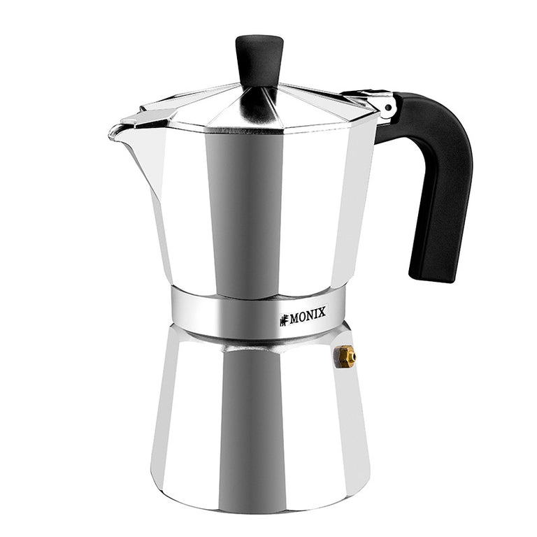 Cafetera italiana Monix Vitro Express de aluminio pulido con mango negro ergonómico