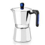 Cafetera italiana Monix Induction Express de aluminio con detalles azules en mango y pomo.
