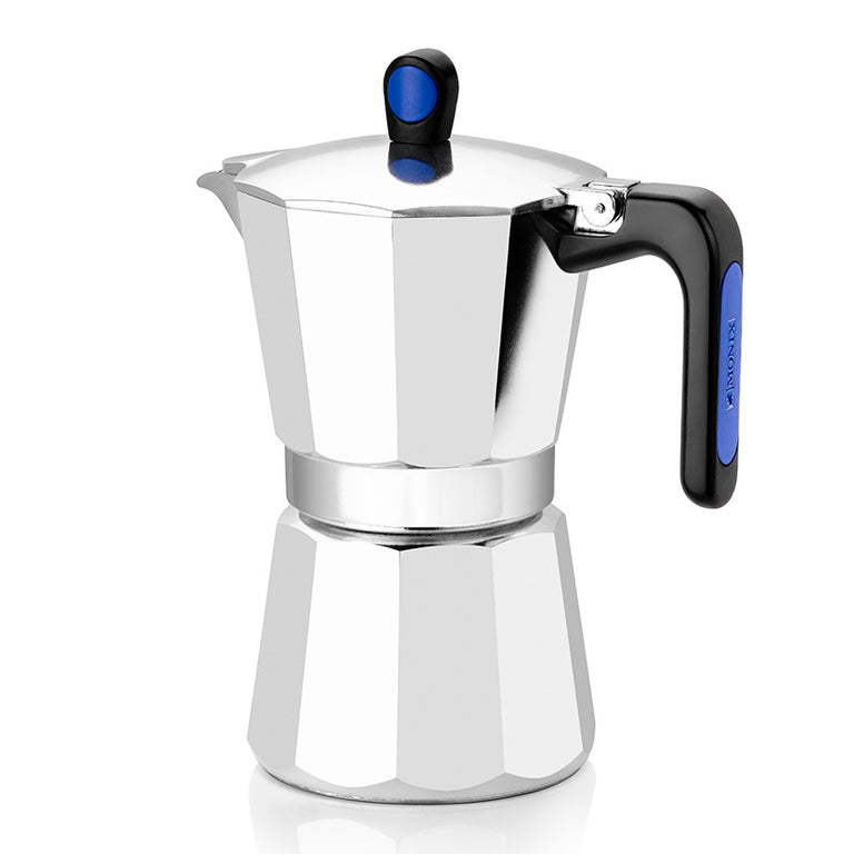 Cafetera italiana Monix Induction Express de aluminio con detalles azules en mango y pomo.