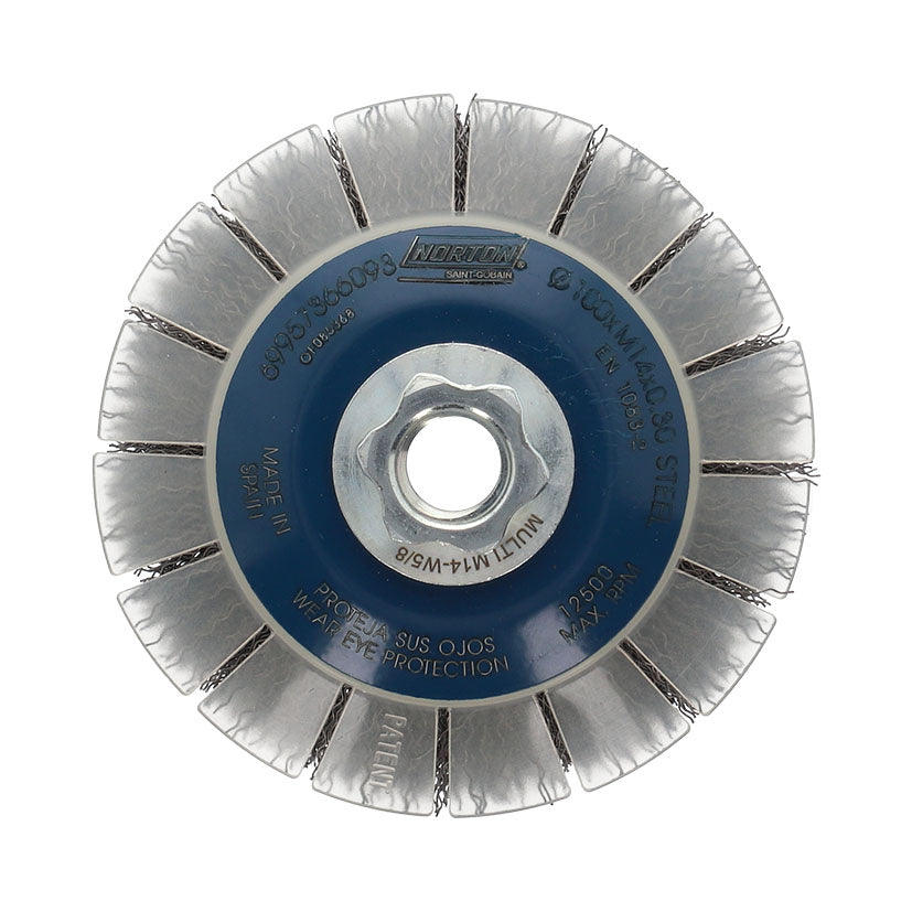 Cepillo circular Norton Expert 100mm con alambre ondulado de acero y guarda de seguridad para amoladora M14.