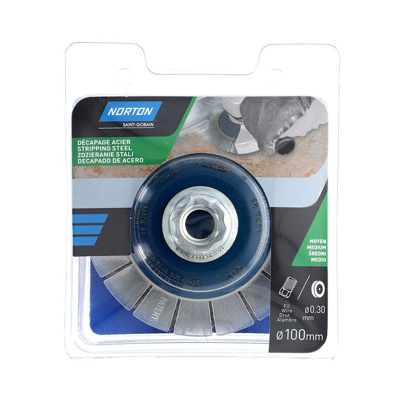 Blíster de cepillo de decapado de acero Norton Expert ø100mm con especificaciones técnicas de 12500 RPM.