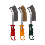 Juego de 3 cepillos de alambre Norton Expert con mangos ergonómicos de colores para limpieza y decapado profesional.