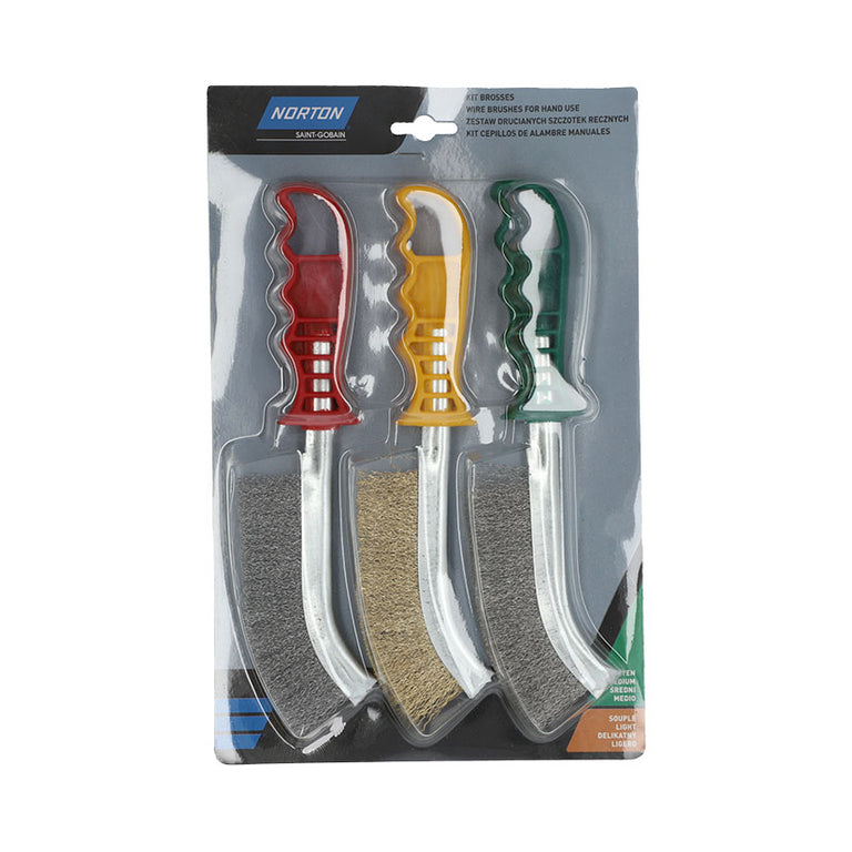 Blíster de 3 cepillos manuales Norton Expert con púas de acero, acero inoxidable y alambre latonado para diversos materiales.
