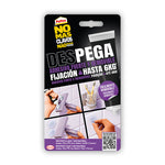 Blíster de Pattex No Más Clavos Pega y Despega con ejemplos de uso en azulejos y remoción fácil
