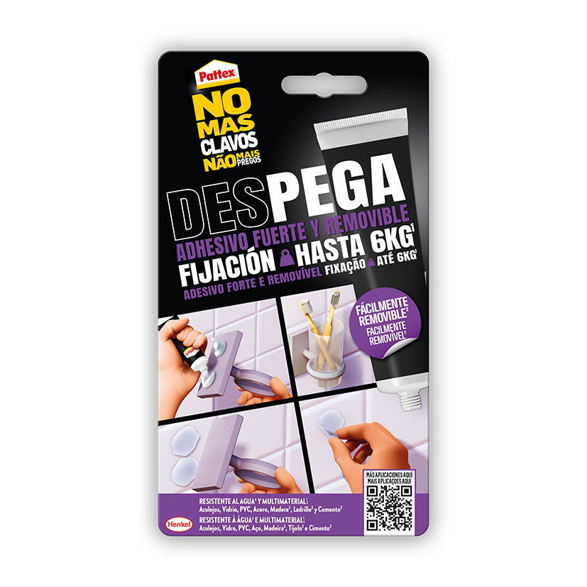 Blíster de Pattex No Más Clavos Pega y Despega con ejemplos de uso en azulejos y remoción fácil