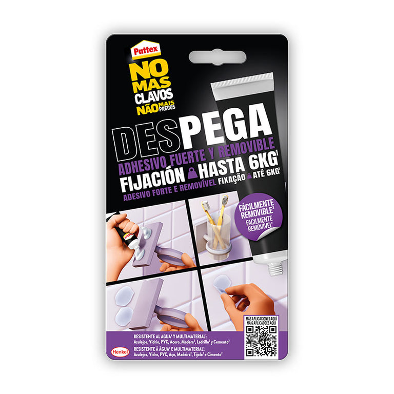 Blíster de Pattex No Más Clavos Pega y Despega con ejemplos de uso en azulejos y remoción fácil