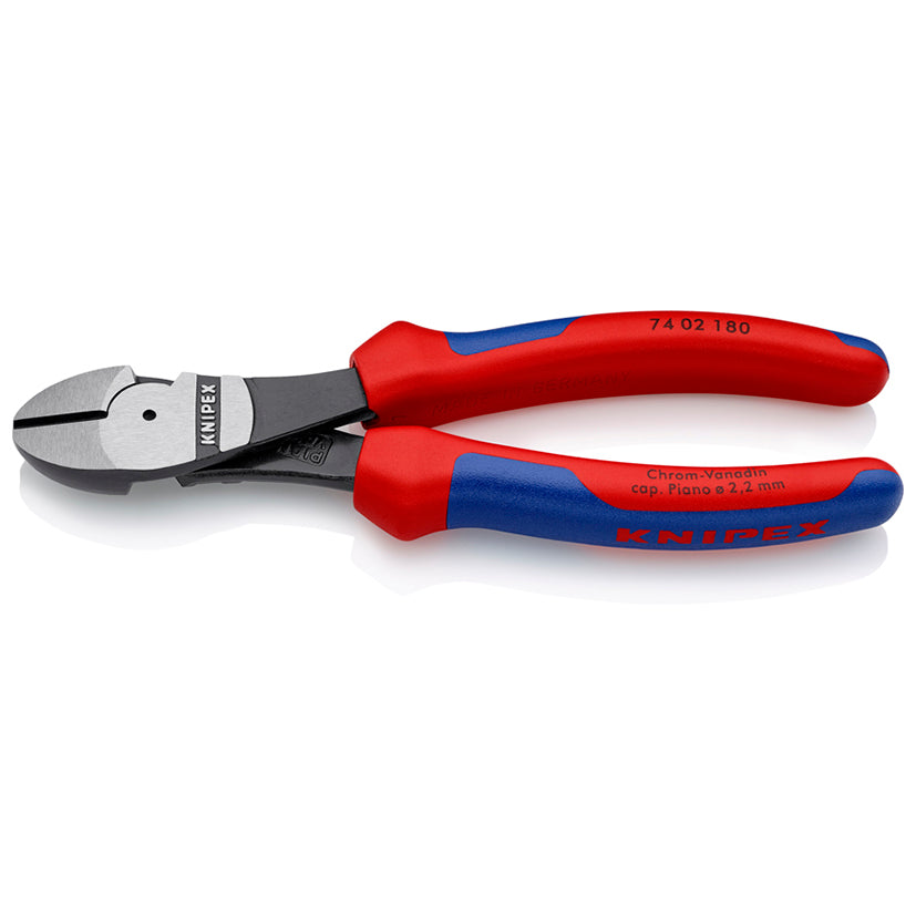 Alicate KNIPEX 74 02 180 reforzado para corte de alambre duro con diseño ergonómico y acabado negro atramentado.