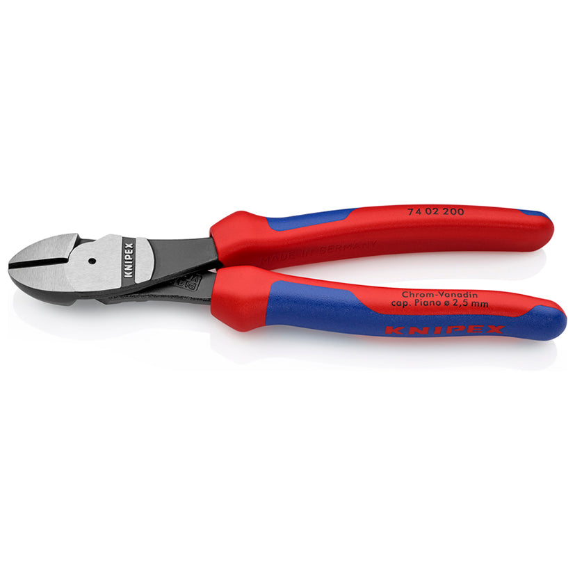 Alicate de corte diagonal de fuerza KNIPEX 74 02 200 con mangos multicomponentes y capacidad para cuerda de piano.