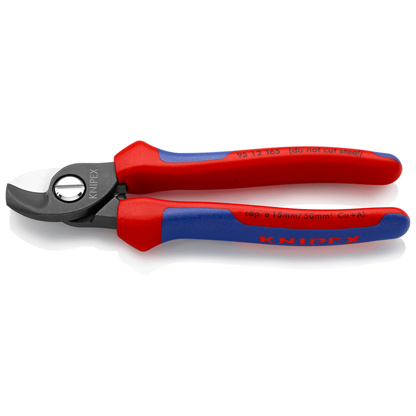 Tijera cortacables KNIPEX 95 12 165 con mangos multicomponente rojo y azul para cables de cobre y aluminio