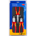 Set de 3 alicates KNIPEX aislados VDE 1000V con mangos ergonómicos rojos y amarillos en estuche de presentación.