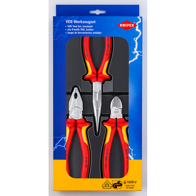 Set de 3 alicates KNIPEX aislados VDE 1000V con mangos ergonómicos rojos y amarillos en estuche de presentación.