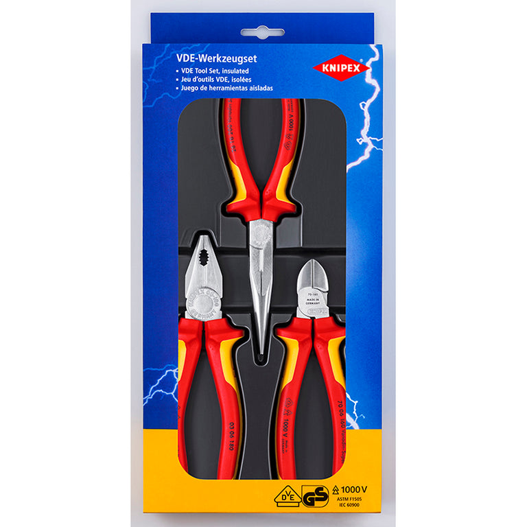 Set de 3 alicates KNIPEX aislados VDE 1000V con mangos ergonómicos rojos y amarillos en estuche de presentación.