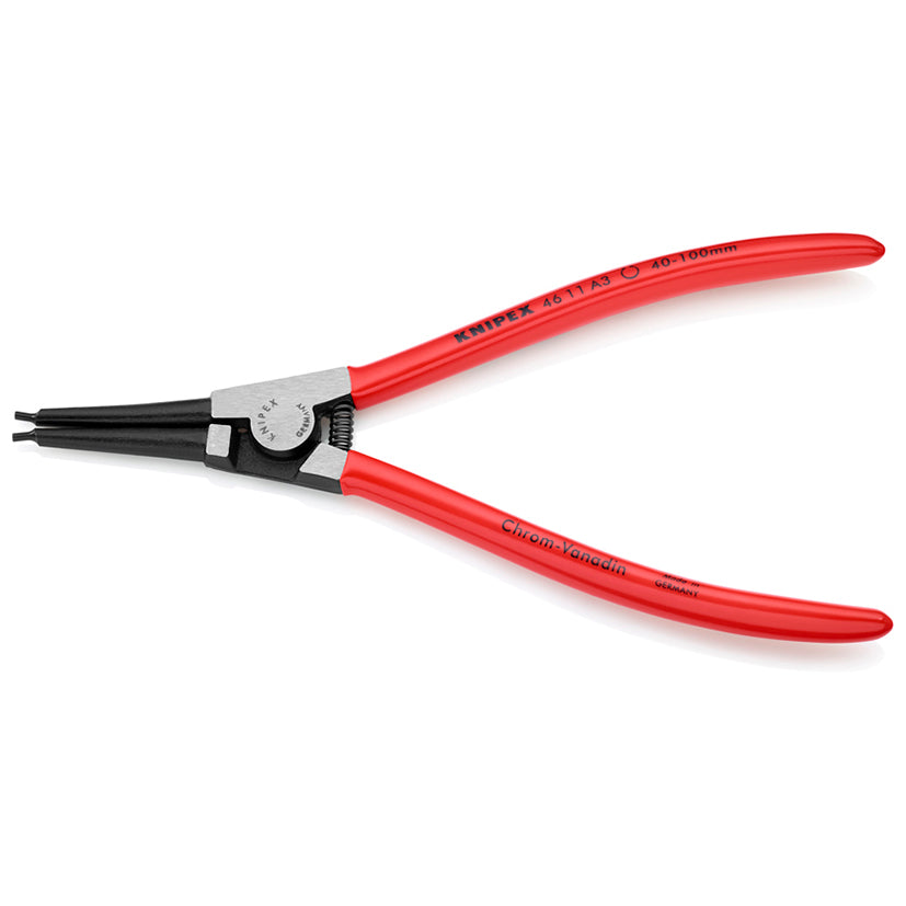Alicate KNIPEX 46 11 A3 para arandelas exteriores de 40 a 100 mm con puntas rectas y mangos rojos.
