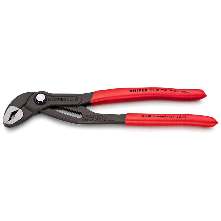 Alicate KNIPEX Cobra 87 01 250 mm de acero cromo vanadio con mordazas dentadas de alta precisión.