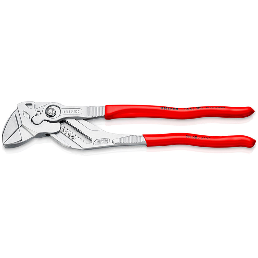 Tenaza llave KNIPEX 86 03 300 de 300mm con mangos rojos y mordazas planas ajustables para fontanería profesional.