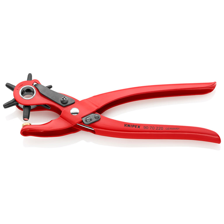 Alicate sacabocados de revólver KNIPEX 90 70 220 con 6 punzones intercambiables y acabado en rojo