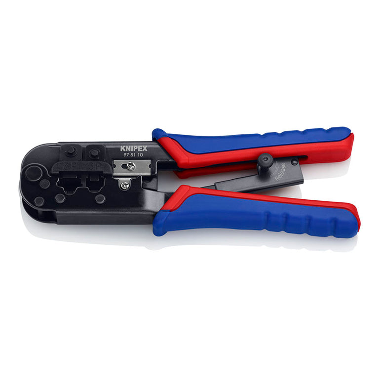 Alicate crimpadora profesional KNIPEX 97 51 10 para conectores Western RJ11, RJ12 y RJ45 con mangos ergonómicos azul y rojo.
