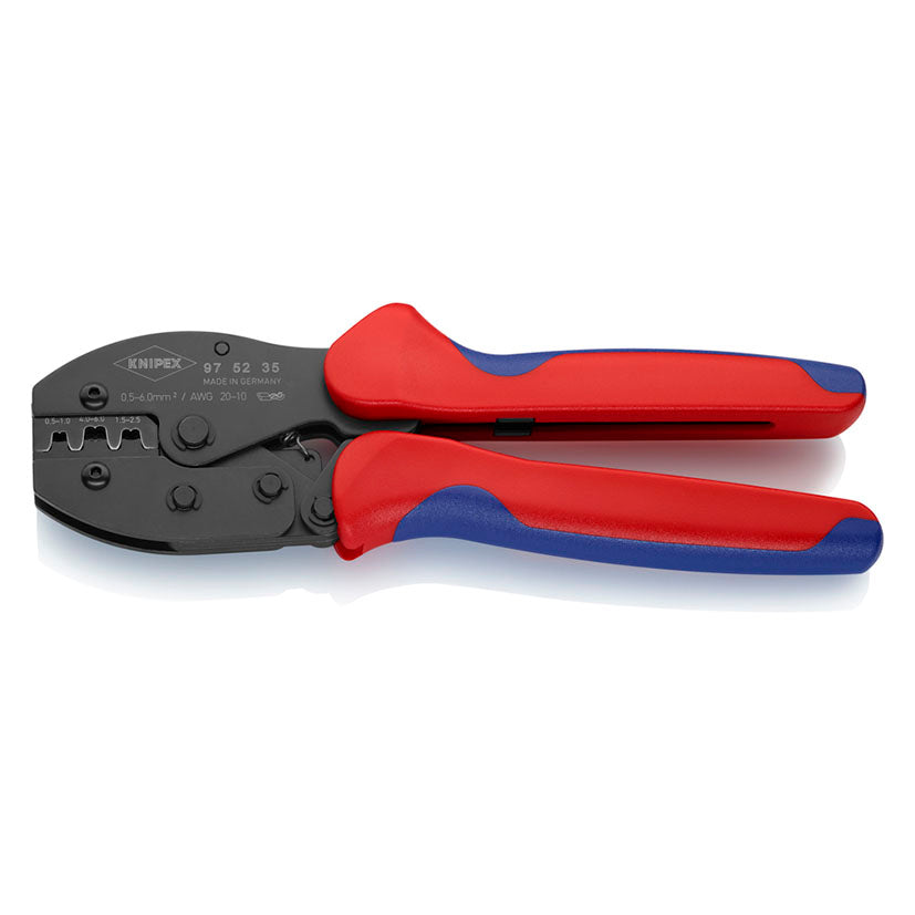 Alicate crimpador KNIPEX PreciForce 97 52 35 para terminales faston 0.5 a 6.0 mm² con mangos ergonómicos rojos y azules.