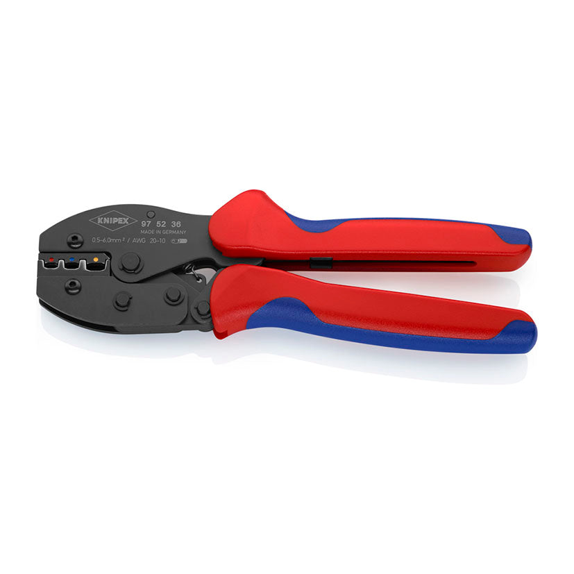 Alicate de crimpado KNIPEX PreciForce 97 52 36 SB para terminales aislados de 0,5 a 6,0 mm² con mangos bicomponente.