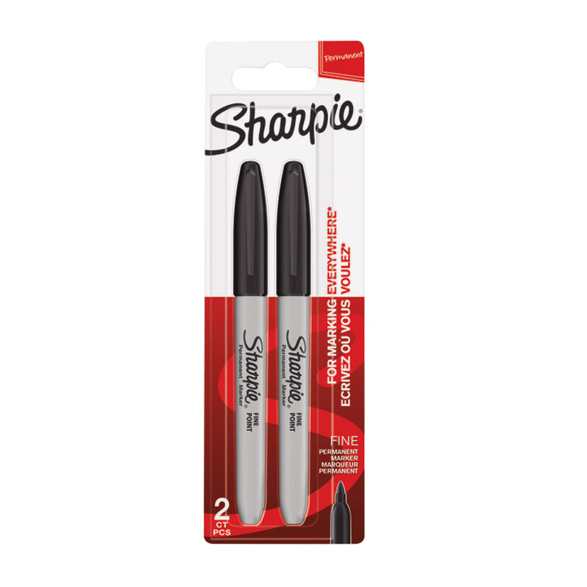 Pack de 2 marcadores permanentes Sharpie color negro punta fina para marcado profesional en múltiples superficies.
