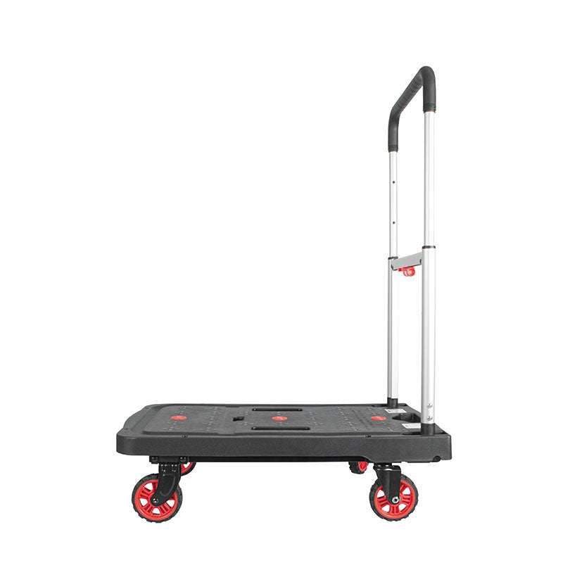 Perfil lateral de la carretilla rodante RATIO con base de transporte antideslizante de 135kg de capacidad.