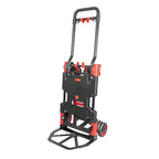 Carretilla de mano RATIO 7140 en posición vertical de 2 ruedas con base de carga desplegada para cajas.