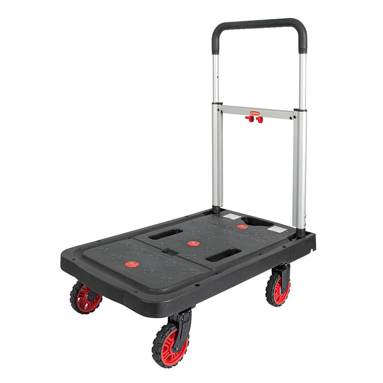 Carretilla plataforma plegable RATIO 7139-2 con mango extendido y ruedas rojas de goma TPR.