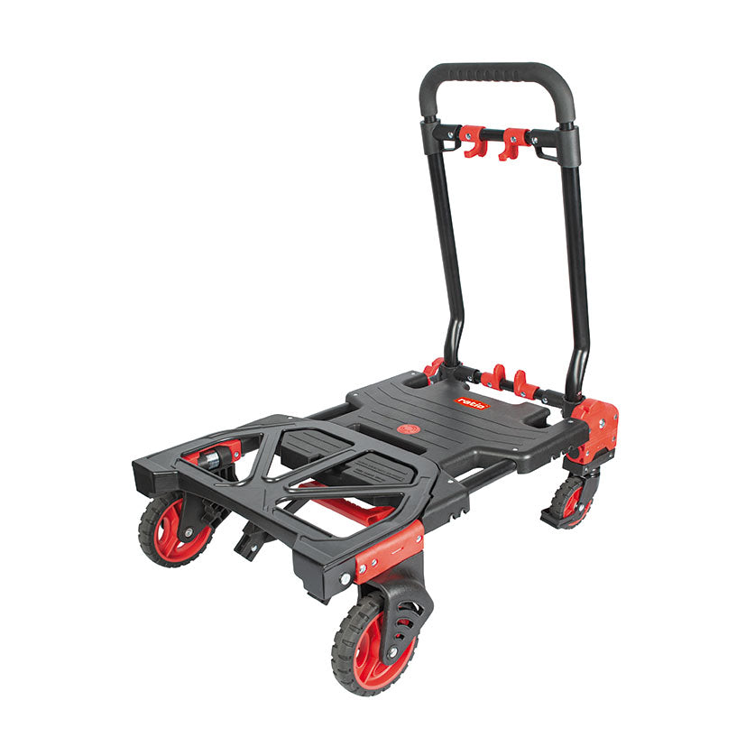 Carretilla convertible RATIO 7140 configurada como plataforma de carga de 4 ruedas en color negro y rojo.