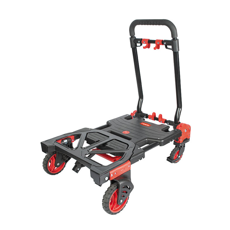 Carretilla convertible RATIO 7140 configurada como plataforma de carga de 4 ruedas en color negro y rojo.