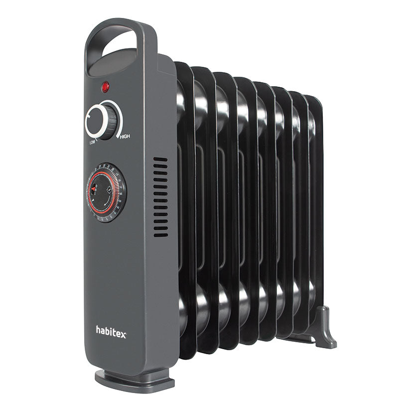 Mini radiador de aceite HABITEX negro con termostato y temporizador 24h vista lateral
