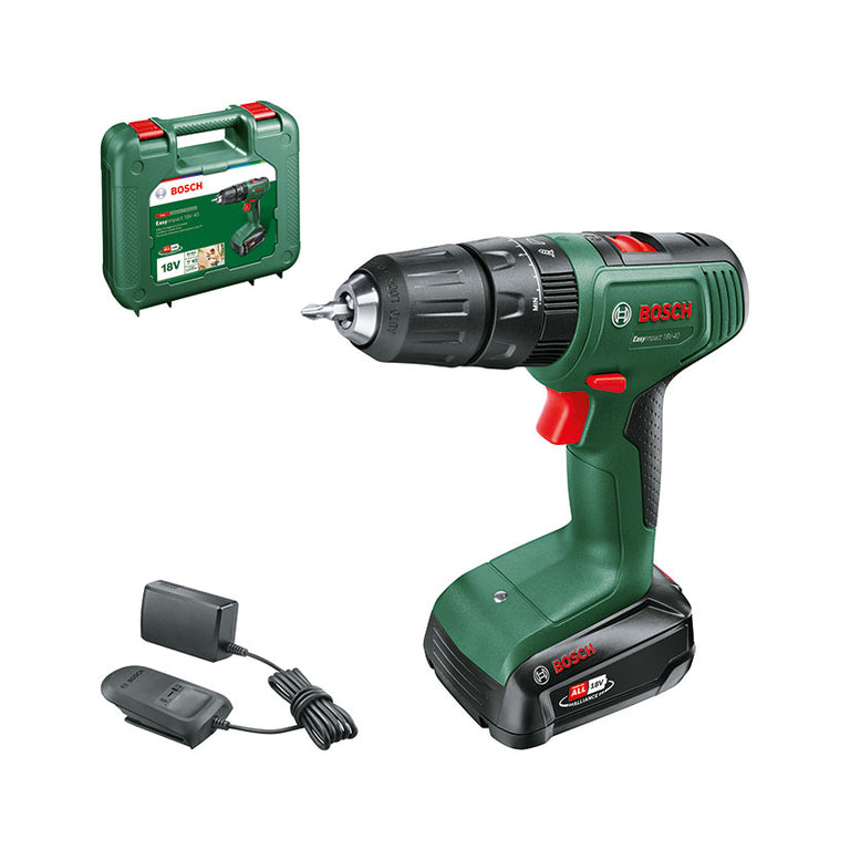 Taladro percutor a batería Bosch EasyImpact 18V-40 con batería de 2.0Ah, cargador y maletín de transporte verde
