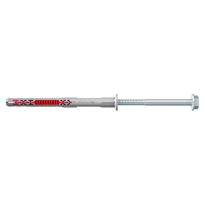 Taco Fischer DuoXpand con tornillo hexagonal y cuerpo bimaterial gris y rojo de alta resistencia.