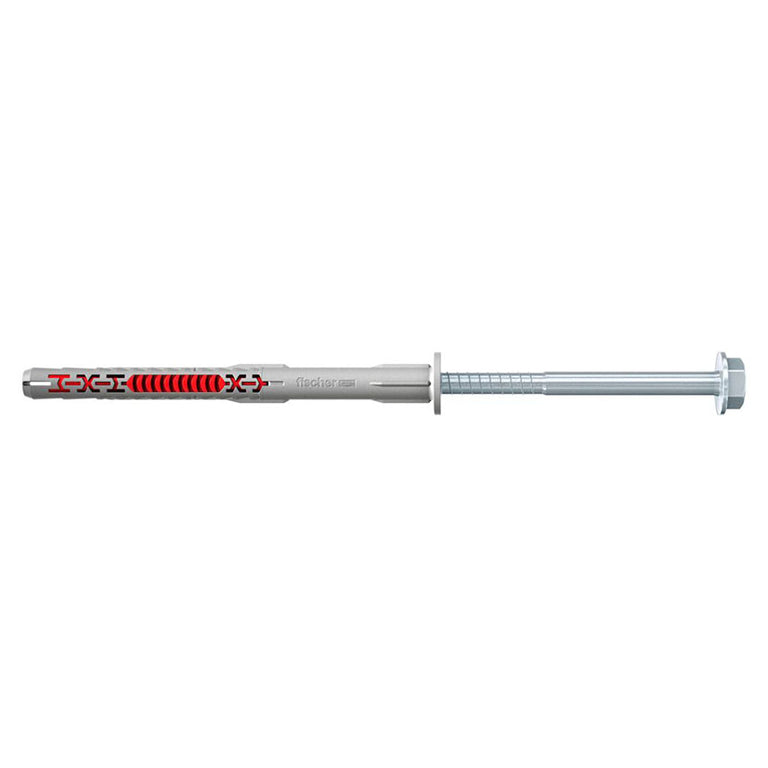 Taco Fischer DuoXpand con tornillo hexagonal y cuerpo bimaterial gris y rojo de alta resistencia.